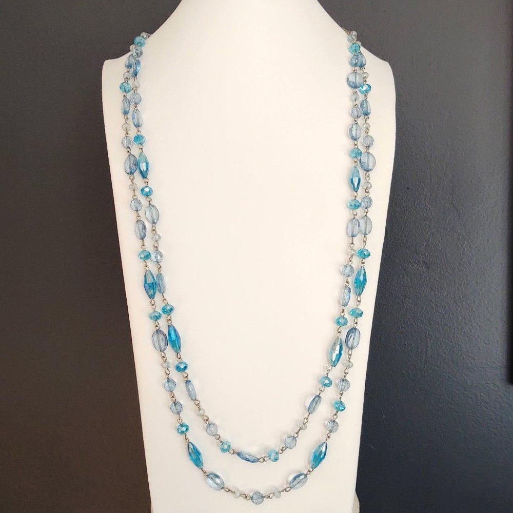 Long double strand blue beaded necklace